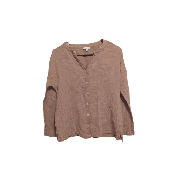 Pure J. Jill Woven Slub Cotton Button Down Long Sleeve Shirt Lagenlook Tan Small - Picture 1 of 13